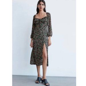 ZARA Floral Midi Dress Sheer Sleeve High Slit Sweetheart Blogger Fav SZ S NEW